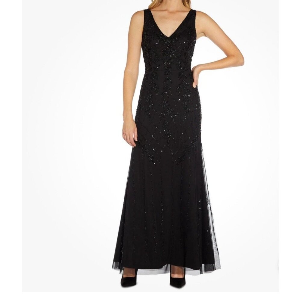Papell Studio Womens Beaded Mermaid Gown Dress Black Sz 14 V Neck Front&back
